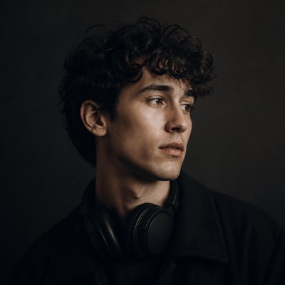 head-and-shoulders portrait of an original character: a young man with curly dark hair and headphones around his neck, plain backdrop, no text