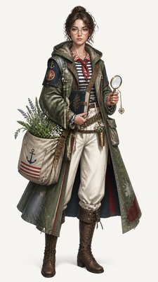full-body original character: a wandering botanist with a satchel of plants, a patched green cloak, tall boots and round glasses, neutral background