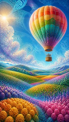 a hot air balloon drifting over rolling flower fields on a sunny day, cheerful, no text