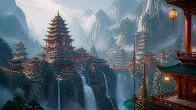 a cliffside city with waterfalls cascading into a misty canyon, wide establishing shot, no people, no text