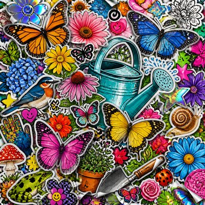 a garden scene with butterflies, flowers and a watering can, clean uncolored line art, no text
