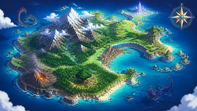 a map of an island realm with mountains, forests, a sheltered bay, sea monsters in the water and a compass rose, no text labels