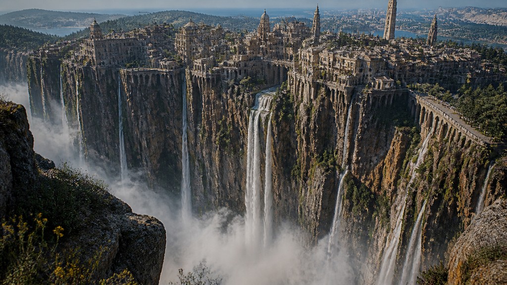 a cliffside city with waterfalls cascading into a misty canyon, wide establishing shot, no people, no text