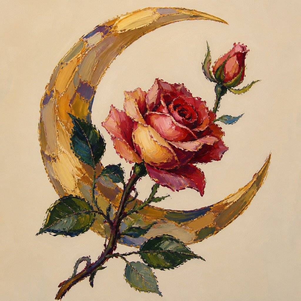 a rose entwined with a crescent moon, clean balanced composition on a plain background, no text