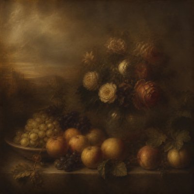 still life arrangement of fruits and flowers