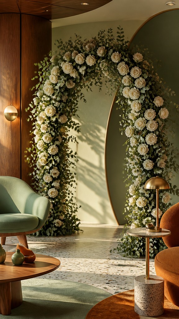 an arch of white roses and eucalyptus in soft morning light, elegant vertical composition with open space, no text
