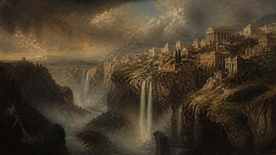a cliffside city with waterfalls cascading into a misty canyon, wide establishing shot, no people, no text