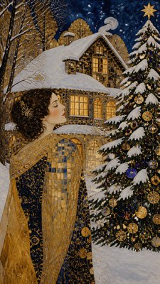 a snow-covered cottage with warm glowing windows beside a decorated pine tree, gentle snowfall, no text