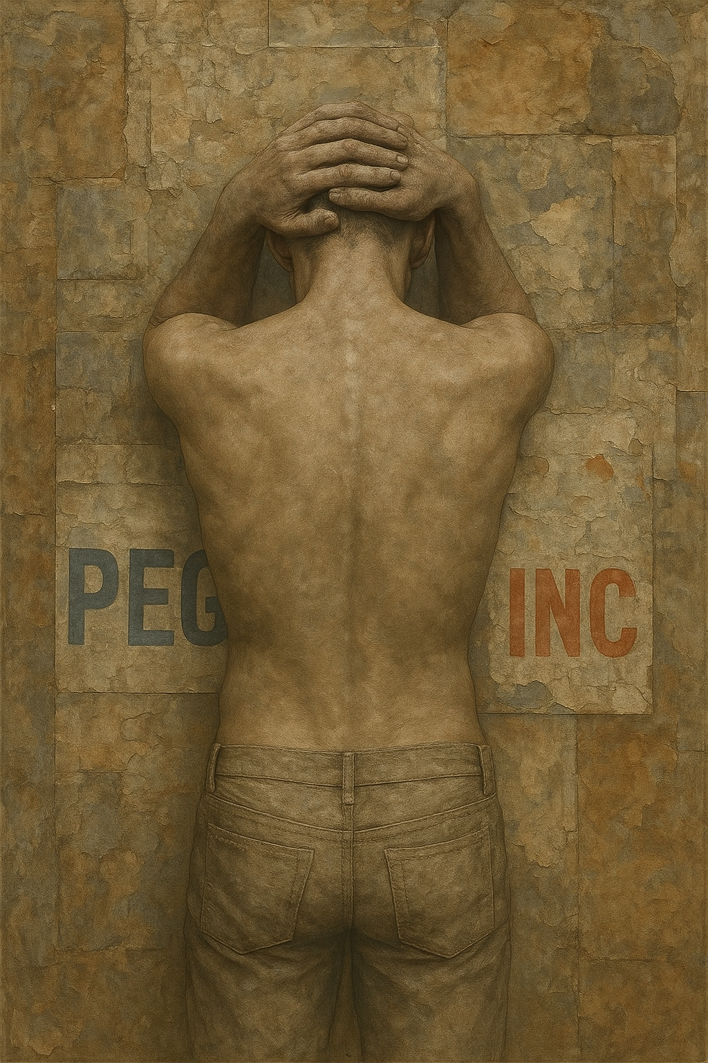 a man standing in front of a wall with his hands on his head