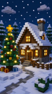 a snow-covered cottage with warm glowing windows beside a decorated pine tree, gentle snowfall, no text