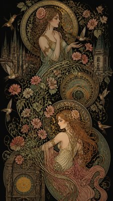 a climbing vine of flowers and hummingbirds on a dark background, tall wrapping composition, no text