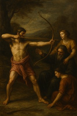 a painting of a man with a bow and two other men