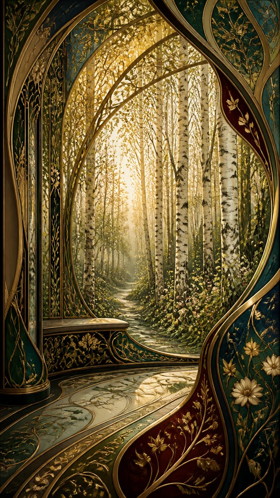 a serene birch forest in soft morning light, no people, no text