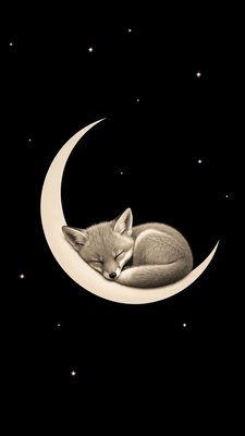 a sleeping baby fox curled on a crescent moon among soft stars, gentle and warm, no text