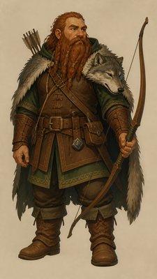 full-body original character: a dwarven ranger with a braided auburn beard, worn leather armor, a longbow and a wolf-pelt cloak, neutral background, no text