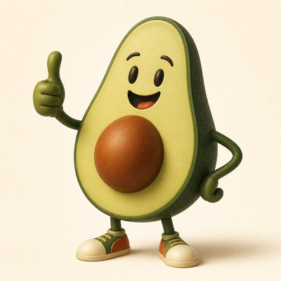 a happy avocado character giving a thumbs up, bold readable design on a plain background, no text