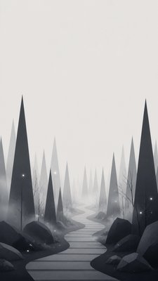a mysterious forest path with fireflies and drifting mist, atmospheric vertical composition with open space at the top, no text