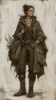 full-body original character: a wandering botanist with a satchel of plants, a patched green cloak, tall boots and round glasses, neutral background