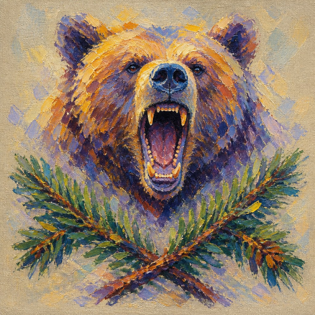 a roaring bear head above crossed pine branches, bold graphic composition on a plain background, no text