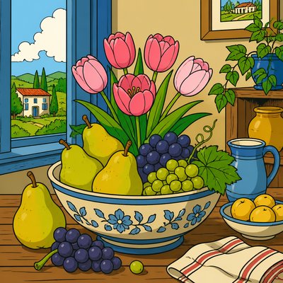 still life arrangement of pears, grapes and pink tulips in a ceramic bowl on a rustic wooden table, no people