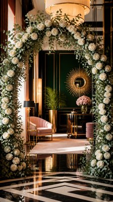 an arch of white roses and eucalyptus in soft morning light, elegant vertical composition with open space, no text