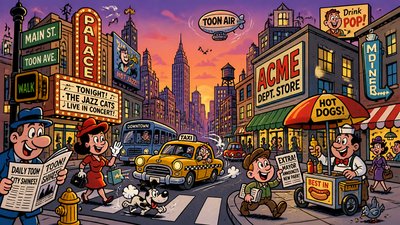 bustling city street panorama at dusk