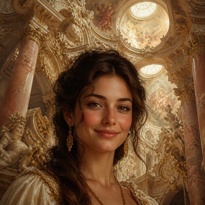 head-and-shoulders portrait of an original character: a young woman with wavy chestnut hair and a warm smile, plain soft backdrop