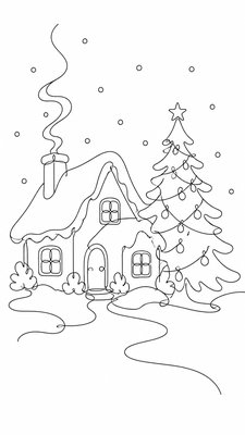 a snow-covered cottage with warm glowing windows beside a decorated pine tree, gentle snowfall, no text