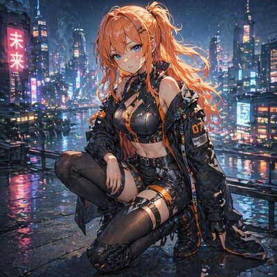 anime girl, orange hair, blue eyes, cyberpunk outfit