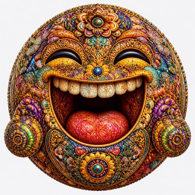 an exaggerated laughing face of an original round mascot character, bold and readable at small size, plain background, no text