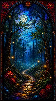 a mysterious forest path with fireflies and drifting mist, atmospheric vertical composition with open space at the top, no text