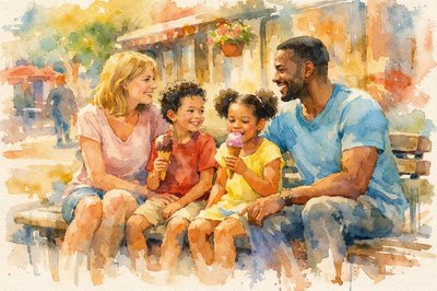 An outdoor scene on a street in town.  A White Mom and African-American Dad with their two kids are sitting on a sidewalk bench.  The mood is warm and safe.  The kids have ice cream cones.  Mom and Dad are talking.