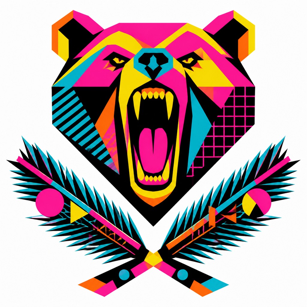 a roaring bear head above crossed pine branches, bold graphic composition on a plain background, no text