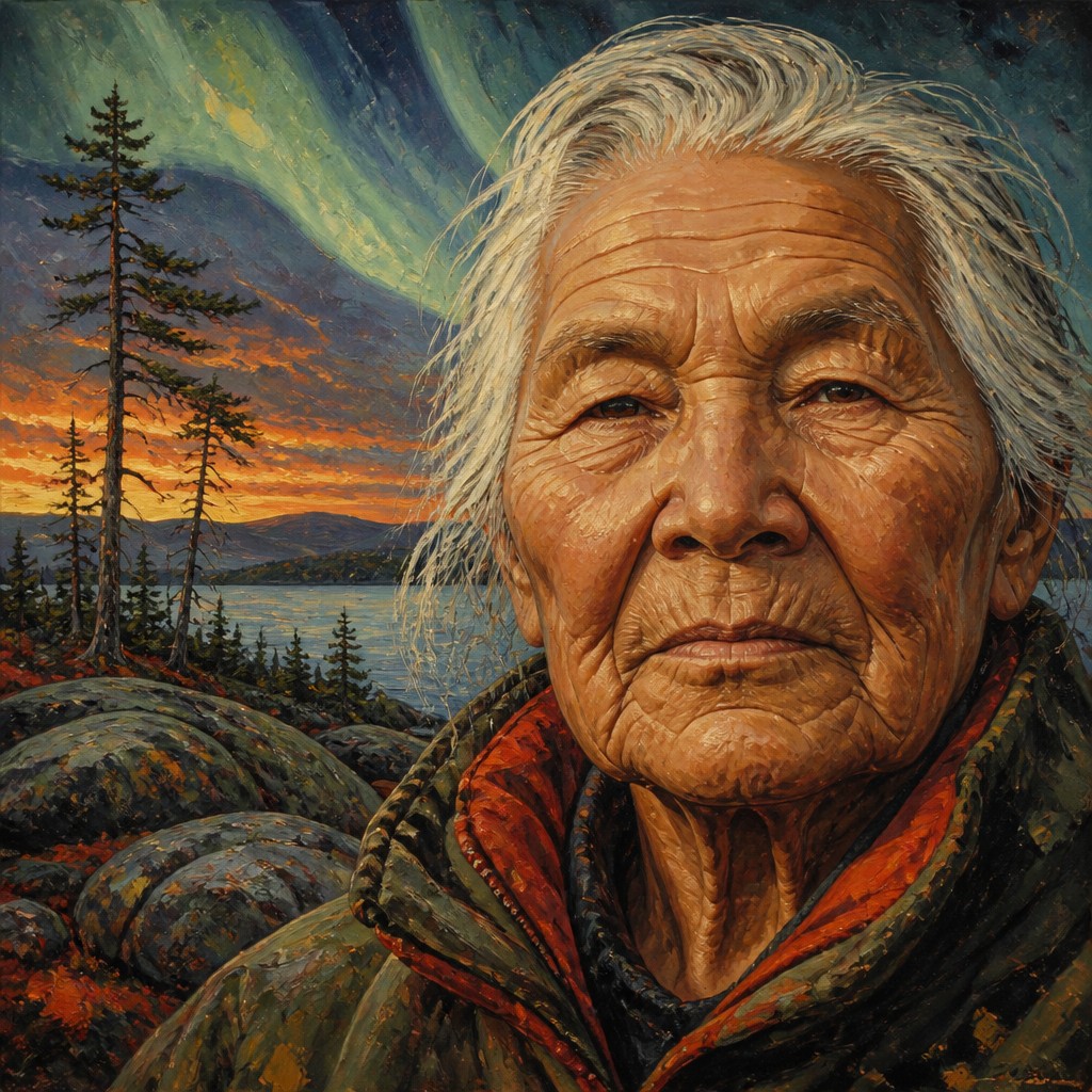 close-up portrait of an elderly person with expressive weathered features — Canadian Art Style