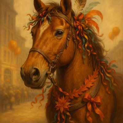 A whimsical Thanksgiving parade horse wearing festive ribbons and feathers, warm golden light, realistic textures, joyful mood, not cartoon