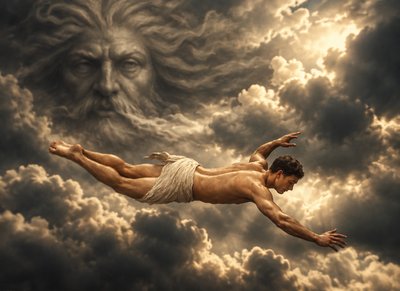 a man floating in the air in front of a cloudy sky