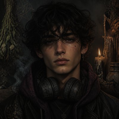 head-and-shoulders portrait of an original character: a young man with curly dark hair and headphones around his neck, plain backdrop, no text