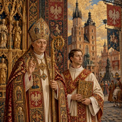 bishop and deacon in front of church