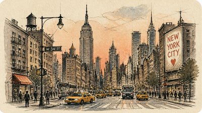 bustling city street panorama at dusk