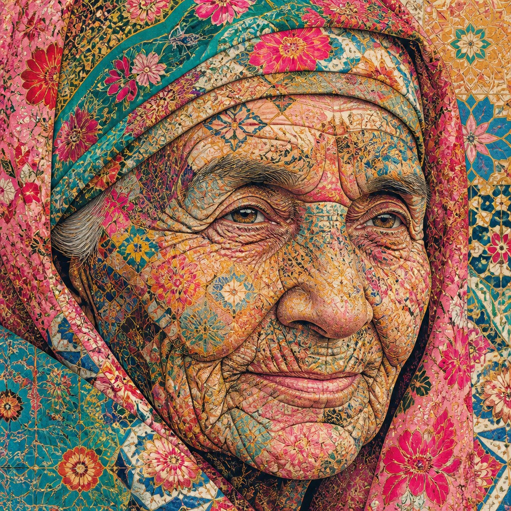 close-up portrait of an elderly person with expressive weathered features — Pattern and Decoration Art Style