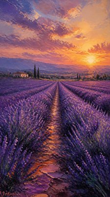 a field of lavender stretching to distant hills at dusk, no people