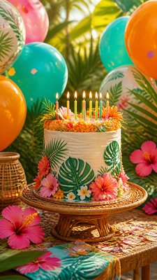 a birthday cake with lit candles surrounded by balloons and confetti, festive vertical composition, no text
