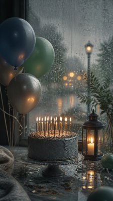 a birthday cake with lit candles surrounded by balloons and confetti, festive vertical composition, no text