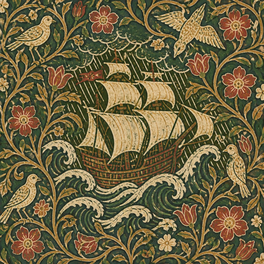 sailing ship on a stormy sea — Arts and Crafts Style