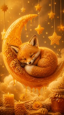 a sleeping baby fox curled on a crescent moon among soft stars, gentle and warm, no text
