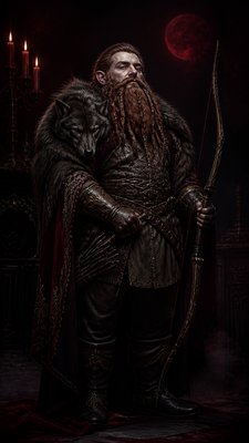 full-body original character: a dwarven ranger with a braided auburn beard, worn leather armor, a longbow and a wolf-pelt cloak, neutral background, no text