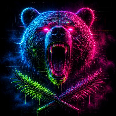 a roaring bear head above crossed pine branches, bold graphic composition on a plain background, no text