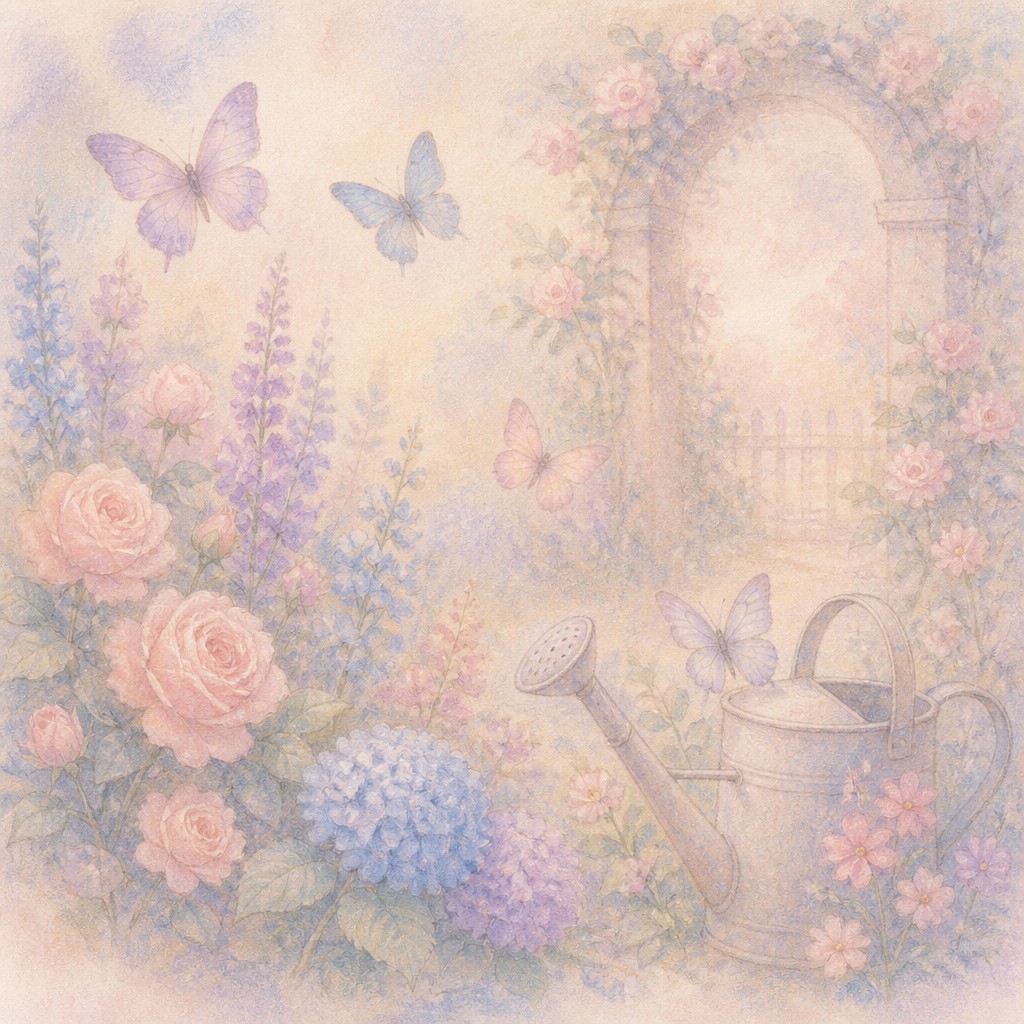 a garden scene with butterflies, flowers and a watering can, clean uncolored line art, no text