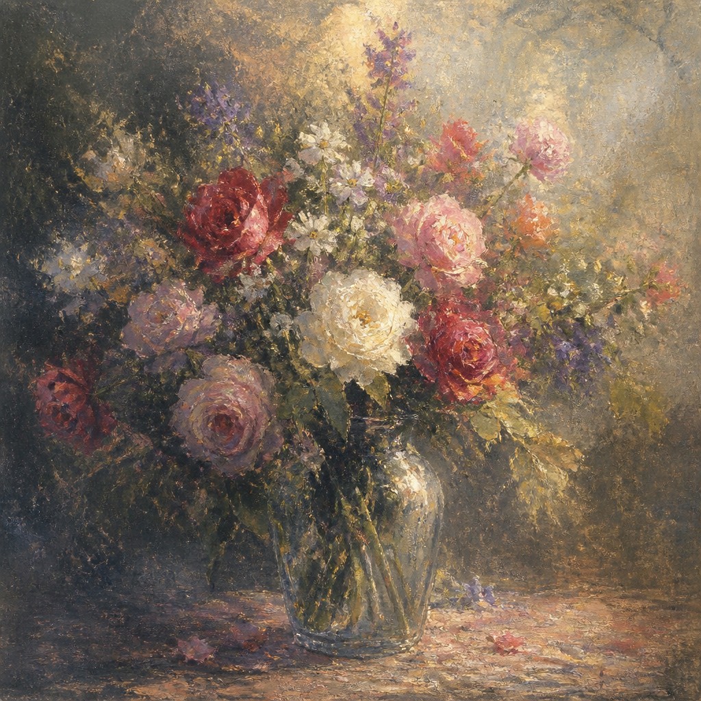 bouquet of flowers in a glass vase — Scumbling Painting Style