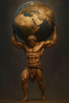 a statue of a man holding the world on his shoulders